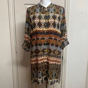 Multiples Blouse Multicolor Geometric Print Textured Sheer Tunic Earth Tones SzM